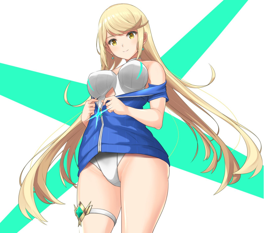 1girl bangs bare_shoulders blonde_hair breasts dolling60883582 headpiece highres mythra_(xenoblade) jacket large_breasts looking_at_viewer nintendo smile solo swept_bangs swimsuit tiara xenoblade_(series) xenoblade_2 yellow_eyes