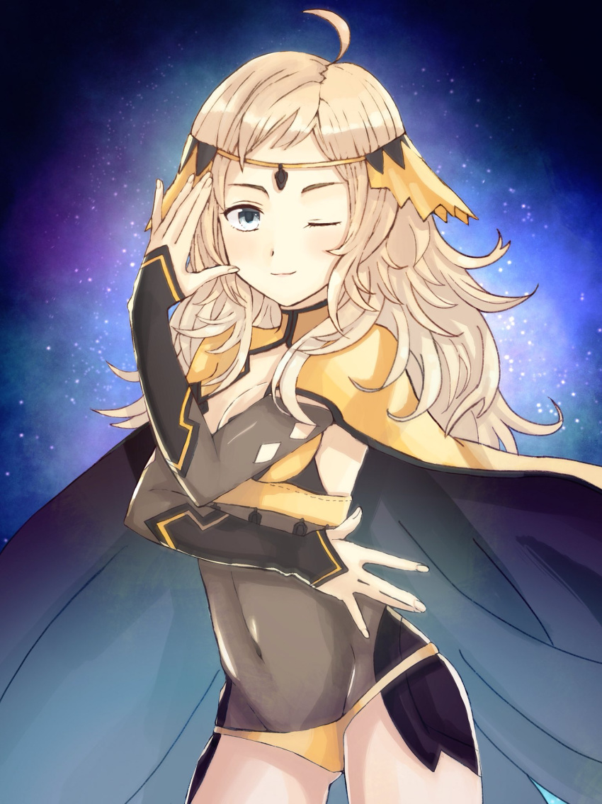 1girl ahoge blonde_hair blue_eyes breasts cape center_opening circlet cleavage closed_mouth covered_navel fire_emblem fire_emblem_if highres long_hair nagisa_fe night night_sky nintendo one_eye_closed ophelia_(fire_emblem_if) sky solo star_(sky)
