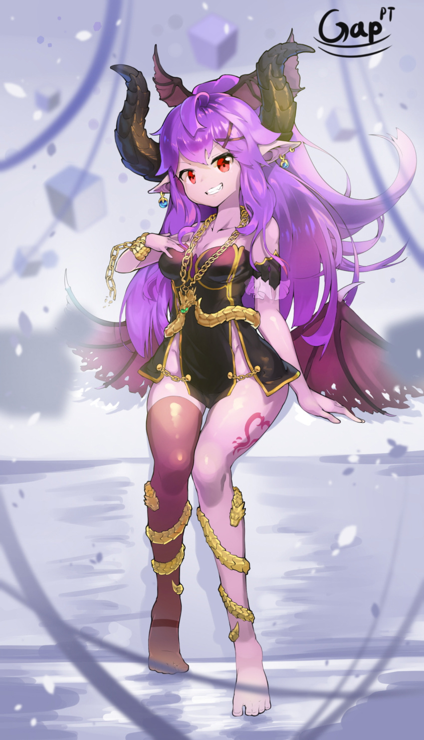 1girl bare_shoulders barefoot bat_wings black_dress black_legwear bracelet breasts chains dress earrings full_body grin hand_on_own_breast head_wings highres horns jewelry long_hair necklace no_panties pointy_ears purple_hair short_dress single_thighhigh sitting smile solo strapless strapless_dress thigh-highs toes wings