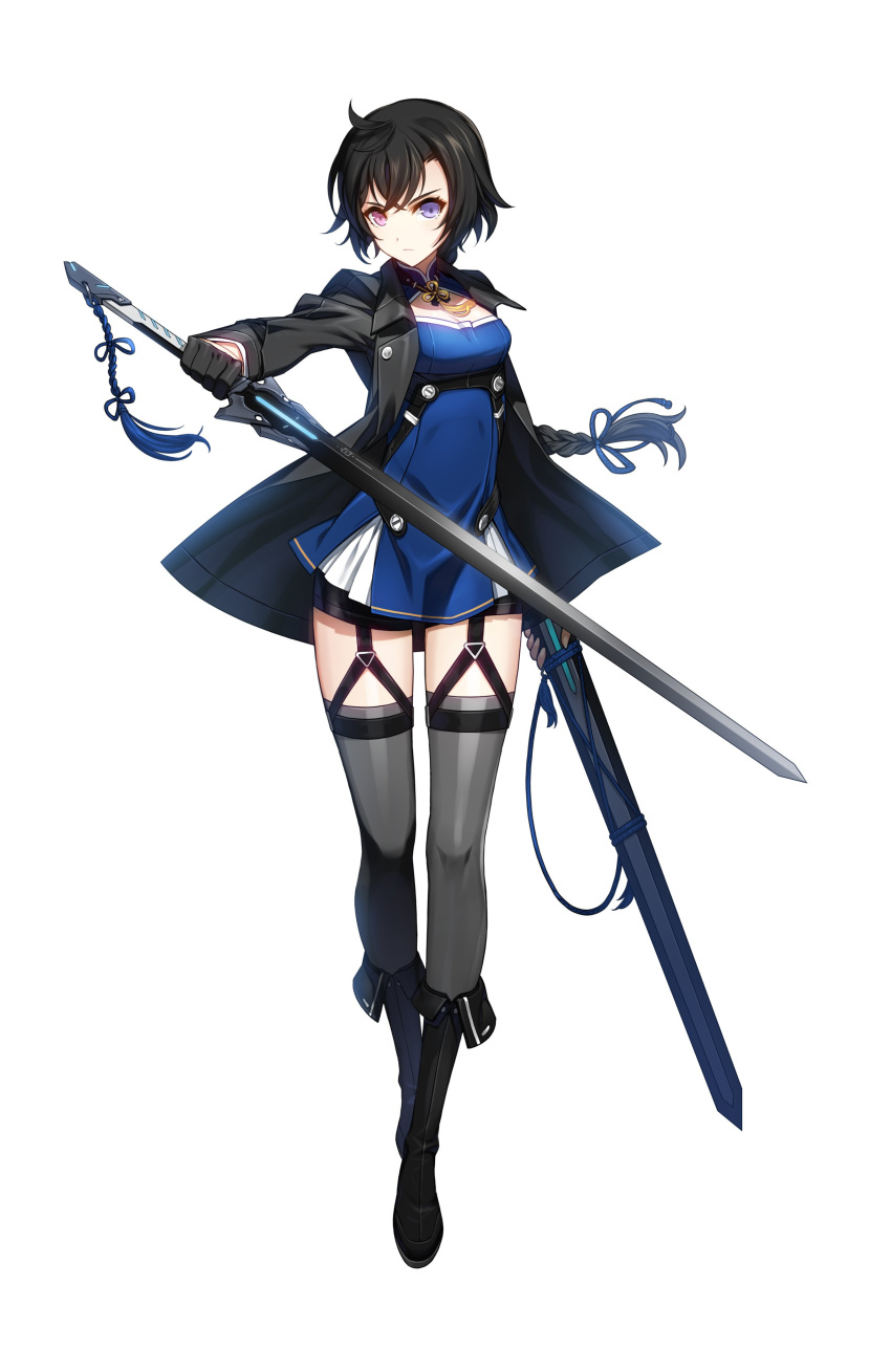 1girl absurdres black_footwear black_gloves black_hair black_jacket blue_dress blue_ribbon boots braid breasts closers dress full_body gloves grey_legwear hair_between_eyes hair_ribbon heterochromia highres holding holding_sheath holding_sword holding_weapon jacket long_hair looking_at_viewer low-tied_long_hair medium_breasts official_art open_clothes open_jacket pink_eyes ponytail ribbon sheath short_dress simple_background single_braid solo standing sword thigh-highs thigh_strap very_long_hair violet_eyes weapon white_background