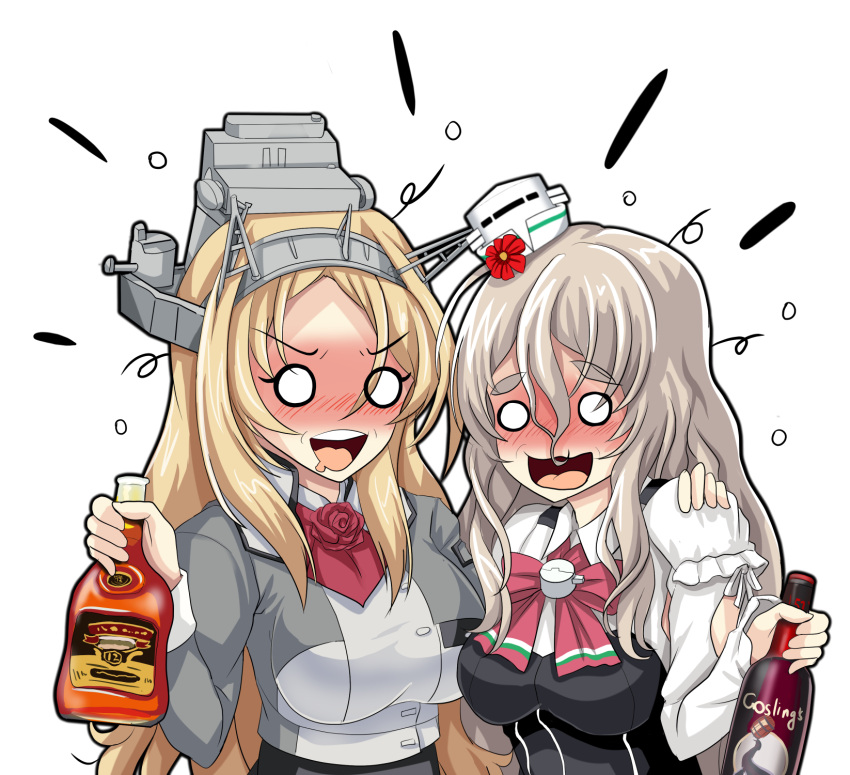 2girls alcohol ascot blonde_hair blush bottle bow bowtie braid breasts corset drunk french_braid grey_hair hair_between_eyes hat headgear highres kantai_collection large_breasts light_brown_hair long_hair long_sleeves medium_breasts military military_uniform mini_hat multiple_girls nelson_(kantai_collection) open_mouth pencil_skirt pola_(kantai_collection) red_neckwear shirt simple_background skirt smile thick_eyebrows tk8d32 uniform wavy_hair whiskey white_background white_shirt wine