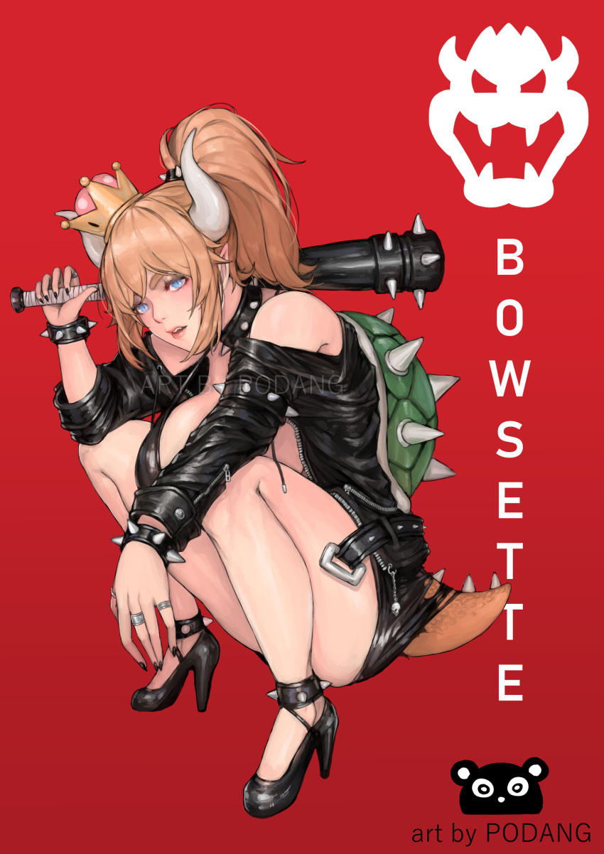 1girl absurdres artist_name bangs bare_legs bare_shoulders baseball_bat belt_buckle black_bra black_footwear black_jacket blonde_hair blue_eyes blush bowsette bra bra_strap bracelet breasts buckle character_name collar commentary fang fingernails full_body high_heels highres horns jacket jewelry leather leather_jacket lips long_ponytail looking_at_viewer super_mario_bros. nail nail_bat nail_polish new_super_mario_bros._u_deluxe nintendo off_shoulder open_clothes open_jacket over_shoulder parted_lips paul_dang_(podang) pointy_ears red_background ring sharp_teeth simple_background slit_pupils solo spiked_anklet spiked_armlet spiked_belt spiked_bracelet spiked_collar spiked_shell spiked_tail spikes squatting super_crown teeth thick_eyebrows torn_clothes turtle_shell underwear zipper