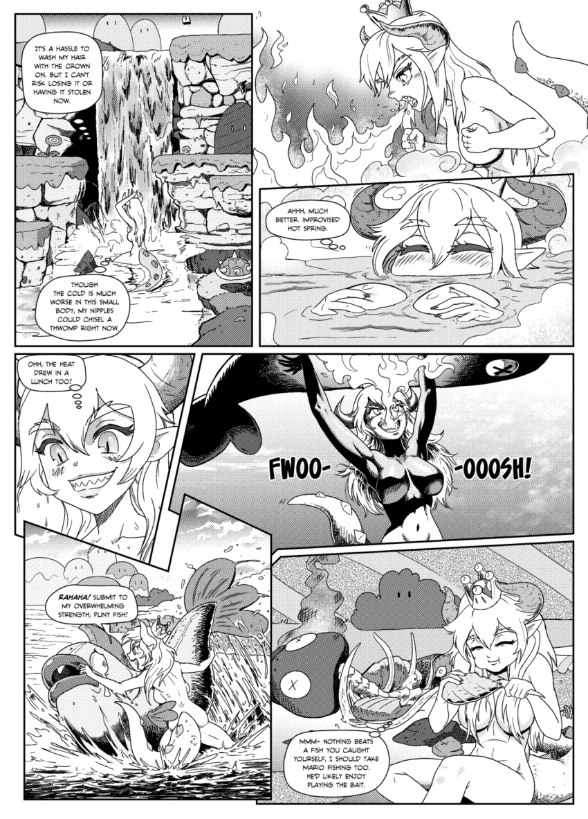 1girl back bangs bathing bowsette breasts breathing_fire commentary convenient_censoring dress dress_removed eating english english_commentary eyebrows_visible_through_hair fire fish greyscale hair_between_eyes highres large_breasts left-to-right_manga light_censor lips long_hair super_mario_bros. monochrome nail navel new_super_mario_bros._u_deluxe nintendo outdoors pencils_(artist) sharp_teeth shell_removed slit_pupils solo sound_effects spiked_tail steam steam_censor tail_censor tearing_up teeth thick_eyebrows upper_body very_long_hair water waterfall x_x