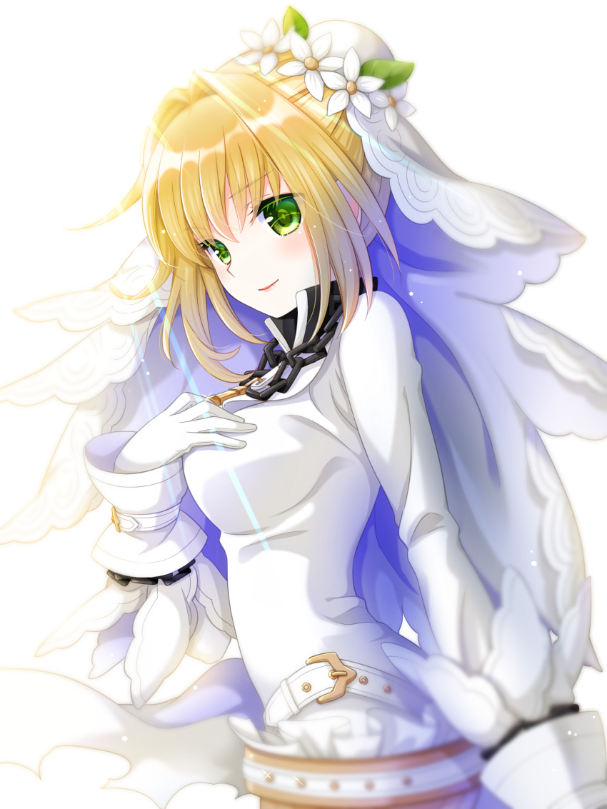 1girl blonde_hair bridal_veil chains commentary fate/extra fate/extra_ccc fate_(series) flower gloves green_eyes hair_flower hair_ornament hand_on_own_chest highres long_sleeves looking_at_viewer nero_claudius_(bride)_(fate) nero_claudius_(fate)_(all) rai_miruku solo upper_body veil white_background white_gloves