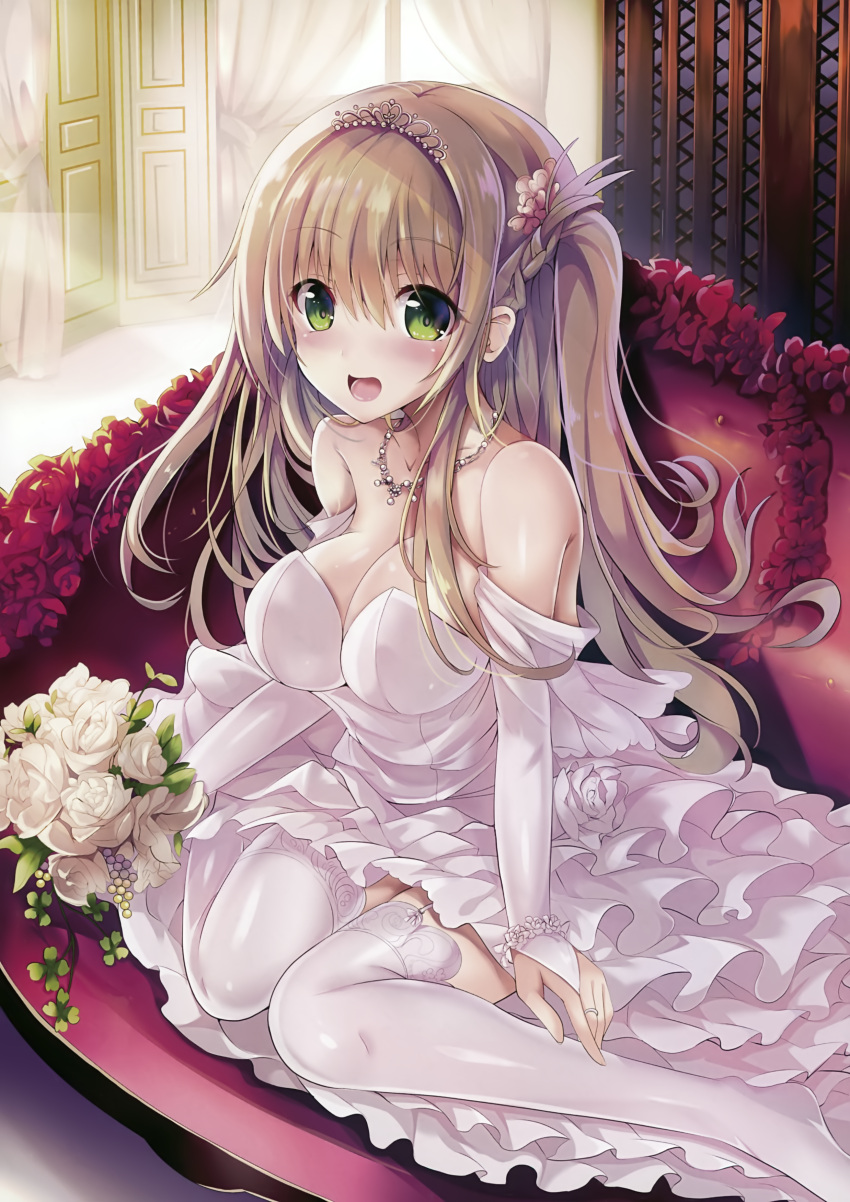 1girl :d absurdres blonde_hair bouquet breasts bridal_gauntlets collarbone detached_sleeves diadem dress eyebrows_visible_through_hair flower garter_straps green_eyes hair_between_eyes hair_ornament highres holding holding_bouquet indoors jewelry large_breasts layered_dress long_hair looking_at_viewer necklace open_mouth original ring rose side_ponytail sitting sleeveless sleeveless_dress smile solo strapless strapless_dress sumisuzu thigh-highs very_long_hair wariza wedding_dress wedding_ring white_dress white_flower white_legwear white_rose