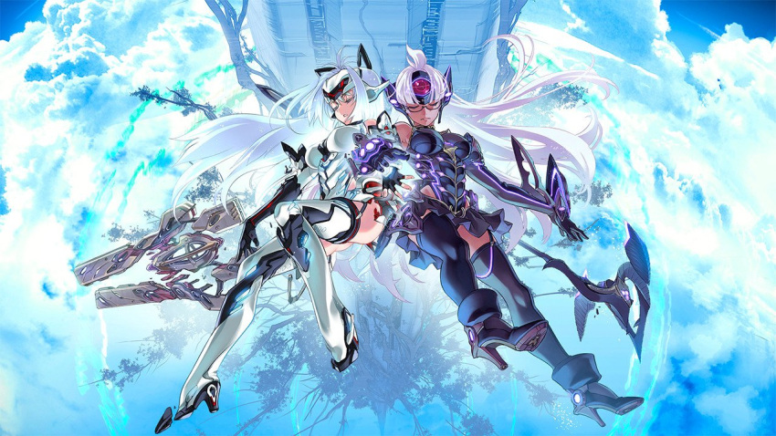 2girls armor boots branch choco closed_eyes clouds dark_skin gatling_gun glasses high_heels kos-mos_re: long_hair minigun multiple_girls nintendo official_art scythe sky space_elevator t-elos tanaka_kunihiko thigh-highs thigh_boots xenoblade_(series) xenoblade_2