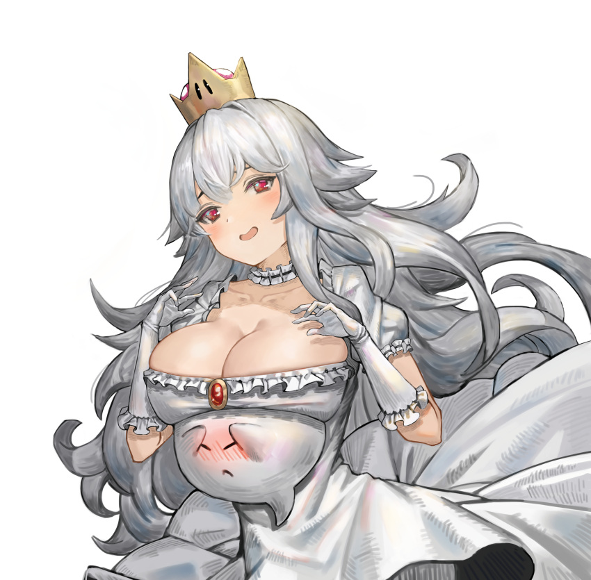 1girl :d absurdres bangs blush boo breast_lift breasts chobbb cleavage collarbone crown dress elbow_gloves frills frown gloves grey_dress grey_hair hair_between_eyes highres huge_filesize large_breasts long_hair looking_at_viewer super_mario_bros. new_super_mario_bros._u_deluxe nintendo open_mouth princess_king_boo puffy_short_sleeves puffy_sleeves red_eyes short_sleeves simple_background smile super_crown white_background white_gloves