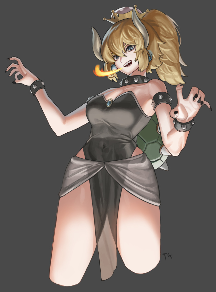 1girl absurdres black_dress black_nails bowsette bracelet claw_pose collar cropped_legs crown dress earrings fire genderswap genderswap_(mtf) grey_background highres jewelry super_mario_bros. nail_polish new_super_mario_bros._u_deluxe nintendo open_mouth ponytail sharp_teeth shell simple_background sleeveless sleeveless_dress spiked_armlet spiked_bracelet spiked_collar spikes strapless strapless_dress super_crown tasgun teeth