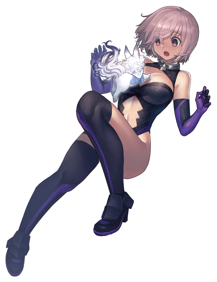1girl :o absurdres black_footwear black_leotard boots creature elbow_gloves fate/grand_order fate_(series) fou_(fate/grand_order) full_body gloves highres lavender_hair leotard looking_at_another mash_kyrielight navel_cutout open_mouth purple_gloves short_hair simple_background sungwon thigh-highs thigh_boots violet_eyes white_background wide-eyed