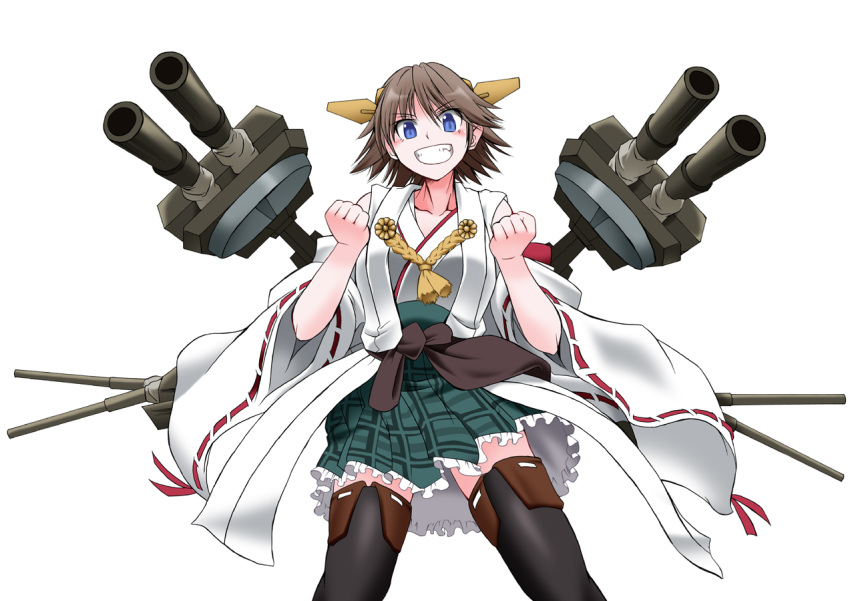 1girl :d angeldust bare_shoulders blush boots brown_hair clenched_hands detached_sleeves eyebrows_visible_through_hair hiei_(kantai_collection) kantai_collection nontraditional_miko open_mouth plaid plaid_skirt rigging short_hair skirt smile solo thigh-highs thigh_boots turret white_background wide_sleeves