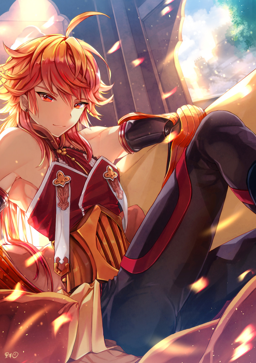 1boy ahoge black_pants closed_mouth cropped_legs fate/grand_order fate_(series) gloves highres long_hair looking_at_viewer male_focus messy_hair orange_hair pants rama_(fate/grand_order) red_eyes satoimo_(3311_mi) sitting smile solo