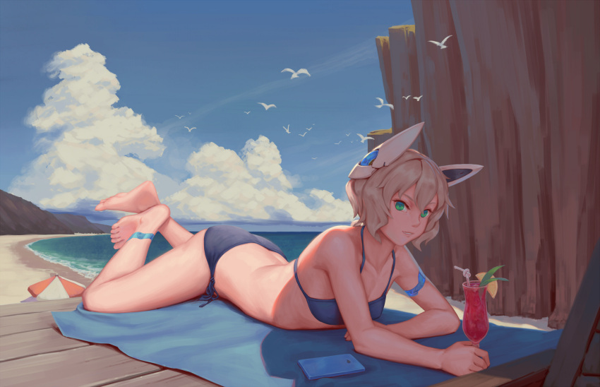 1girl armband bangs barefoot beach beach_towel beach_umbrella bigrbear bikini bird blonde_hair blue_bikini blue_towel breasts cellphone cleavage cliff clouds cloudy_sky collarbone cup day drinking_glass green_eyes hair_between_eyes highres holding holding_cup legband lying mecha_musume mechanical_ears medium_breasts mountain ocean on_stomach original outdoors parted_lips phone revision seagull short_hair sky solo swimsuit towel tropical_drink umbrella