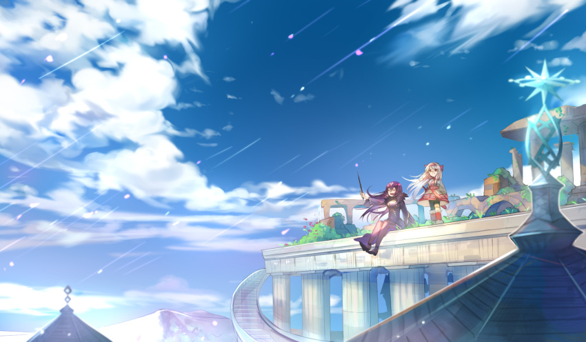 2girls architecture bangs blonde_hair bow breasts building city clouds column day dress fate/grand_order fate_(series) hair_bow hair_ribbon hairband highres house illyasviel_von_einzbern jewelry large_breasts long_hair mountain multiple_girls outdoors outstretched_hand picube525528 pillar plant purple_dress purple_hair ribbon rooftop ruins scarf scathach_(fate)_(all) scathach_skadi_(fate/grand_order) scenery sitonai sitting sky smile spiral_staircase stairs standing sunlight tiara wand