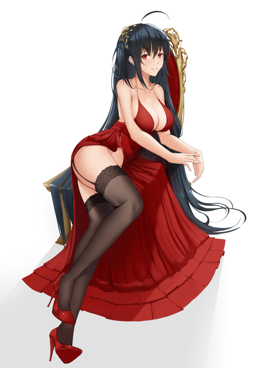 1girl ahoge azur_lane bangs bare_shoulders black_hair black_legwear blush breasts cleavage collarbone dress eyebrows_visible_through_hair full_body garter_straps hair_between_eyes hair_ornament high_heels highres large_breasts long_dress long_hair looking_at_viewer lying no_panties on_side parted_lips red_dress red_eyes red_footwear shiro_haoto shoes smile solo taihou_(azur_lane) thigh-highs throne two_side_up very_long_hair white_background