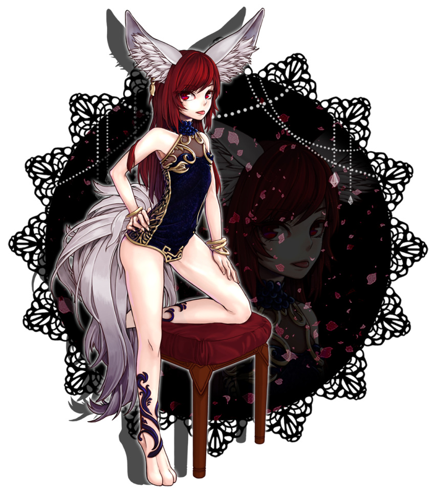 1girl :p animal_ears armpits barefoot blade_&amp;_soul blue_dress bracelet brown_hair china_dress chinese_clothes dress hand_on_hip hand_on_own_thigh highres inpel jewelry leg_up legs long_hair lyn_(blade_&amp;_soul) one_knee paws red_eyes short_dress single_earring sleeveless sleeveless_dress solo standing standing_on_one_leg stool tail tongue tongue_out wolf_ears wolf_tail zoom_layer