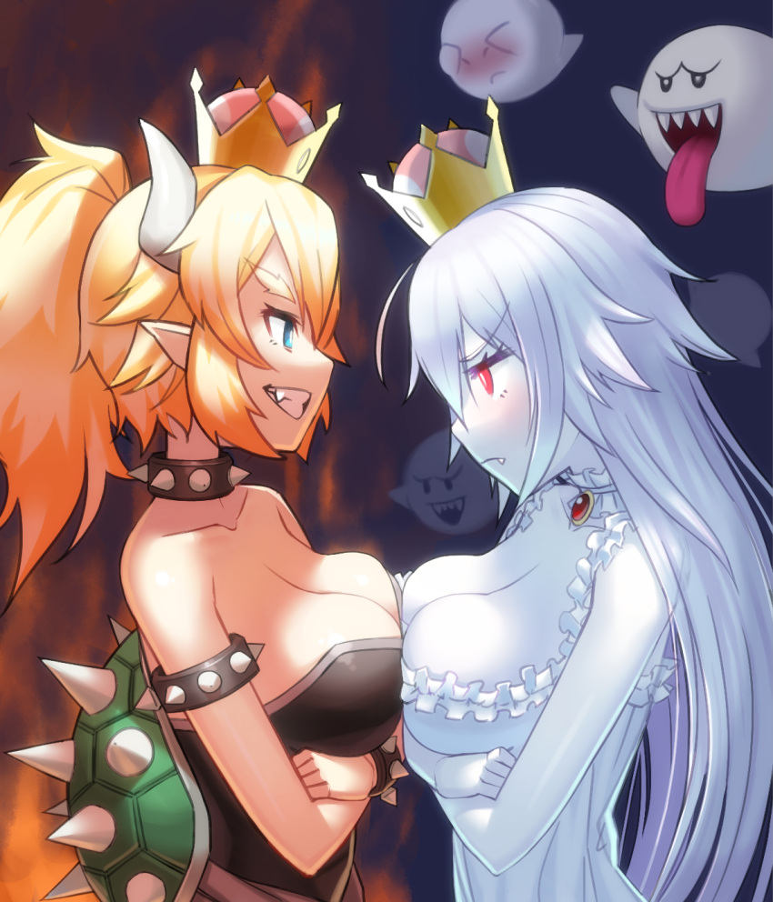 (tat) 2girls bare_shoulders blonde_hair blue_eyes boo bowsette breast_press breasts cleavage crossed_arms dress fang frills from_side genderswap genderswap_(mtf) ghost half-closed_eyes highres horns looking_at_another super_mario_bros. medium_breasts multiple_girls new_super_mario_bros._u_deluxe nintendo personification ponytail princess_king_boo red_eyes sharp_teeth sleeveless smile spiked_shell strapless super_crown symmetrical_docking teeth tongue upper_body white_hair white_skin