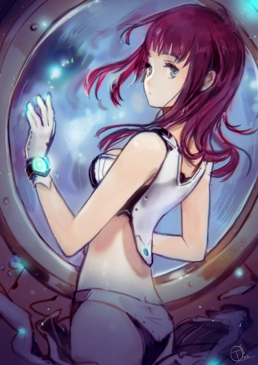 1girl absurdres bangs bikini blue_eyes blunt_bangs breasts buruma closed_mouth gloves highres long_hair looking_at_viewer looking_back medium_breasts midriff okuto original redhead solo spacesuit swimsuit undressing white_gloves