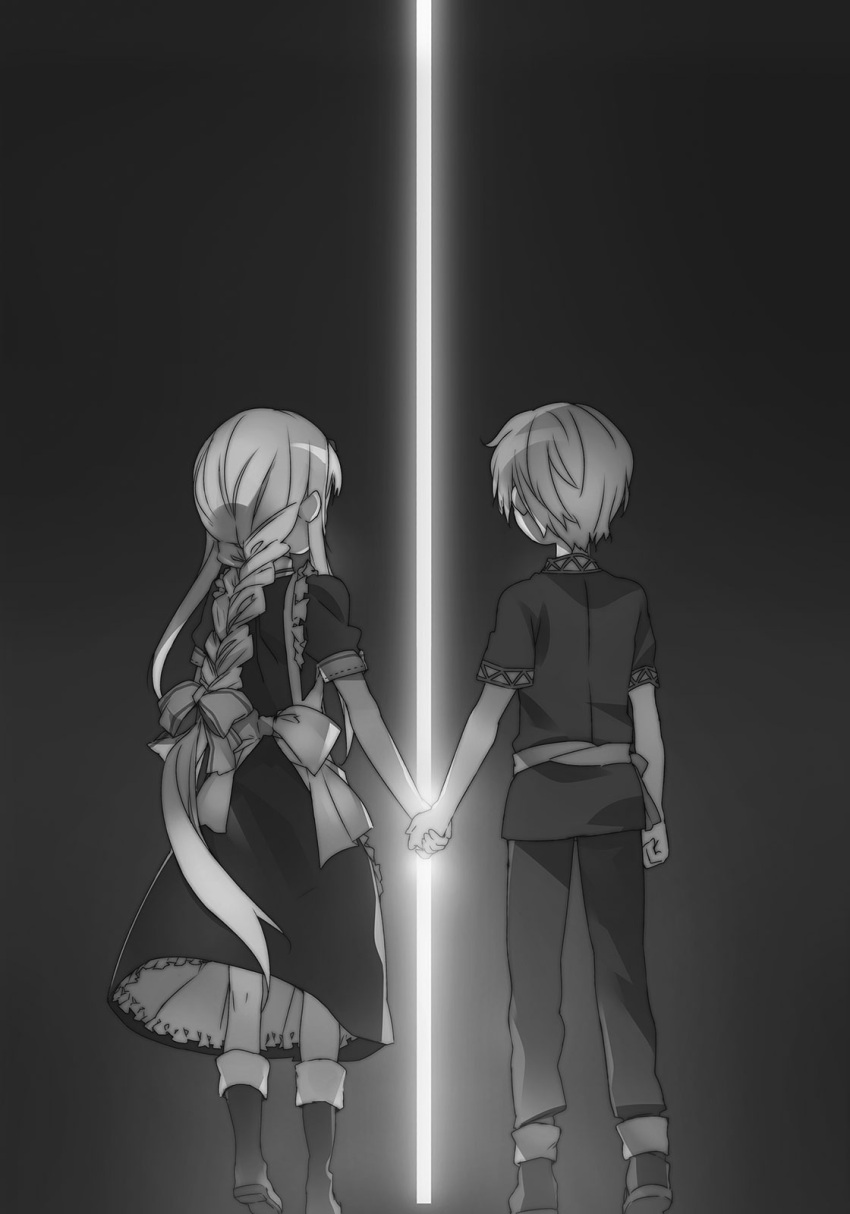 1boy 1girl abec alice_schuberg boots braid braided_ponytail dress eugeo from_behind greyscale hand_holding highres long_hair monochrome novel_illustration official_art ponytail short_sleeves single_braid spoilers sword_art_online very_long_hair