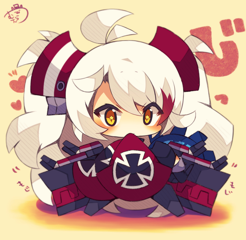 azur_lane bangs beige_background blush chibi closed_mouth dress eyebrows_visible_through_hair full_body hair_between_eyes heart iron_cross long_hair long_sleeves looking_at_viewer multicolored_hair muuran orange_hair prinz_eugen_(azur_lane) red_dress redhead signature sleeves_past_fingers sleeves_past_wrists star star-shaped_pupils streaked_hair symbol-shaped_pupils translated twintails very_long_hair white_hair
