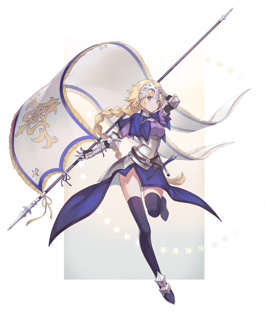 1girl 21 armor armored_dress black_legwear blonde_hair blue_cape blue_dress blue_eyes braid breasts cape dress eyebrows_visible_through_hair fate/grand_order fate_(series) faulds flag full_body gauntlets headpiece highres holding holding_flag jeanne_d'arc_(fate) jeanne_d'arc_(fate)_(all) long_braid long_hair looking_at_viewer medium_breasts sheath sheathed single_braid smile solo standard_bearer sword thigh-highs weapon