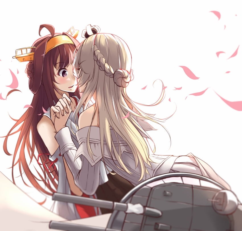 10s 2girls ahoge bare_shoulders black_skirt blonde_hair blush braid cannon closed_eyes corset den_(kur0_yuki) detached_sleeves double_bun dress french_braid from_behind hair_bun hairband hand_holding highres imminent_kiss interlocked_fingers japanese_clothes kantai_collection kongou_(kantai_collection) lips long_hair looking_at_another multiple_girls nontraditional_miko off-shoulder_dress off_shoulder parted_lips petals pleated_skirt skirt skirt_set violet_eyes warspite_(kantai_collection) wide_sleeves yuri