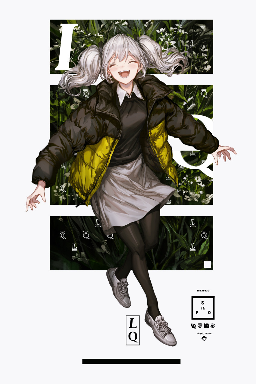 1girl absurdres black_legwear closed_eyes fangs full_body hair_between_eyes happy highres jacket lm7_(op-center) looking_at_viewer open_mouth pantyhose shoes silver_hair simple_background skirt smile solo standing twintails white_skin