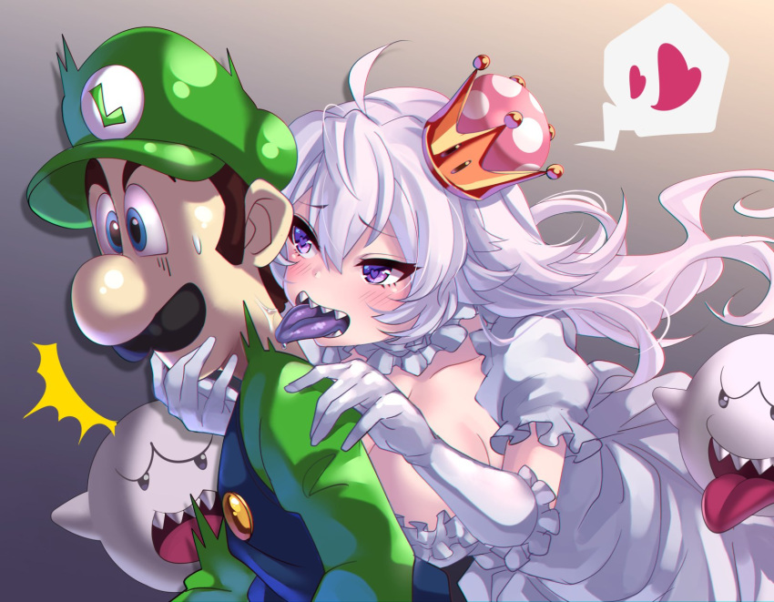 /\/\/\ 1boy 1girl blush boo breasts cleavage collarbone crown dress facial_hair floating_hair gloom_(expression) gloves green_hat green_shirt hand_on_another's_chin hand_on_another's_shoulder hat heart highres large_breasts licking long_hair luigi luigi's_mansion super_mario_bros. mustache neck_licking new_super_mario_bros._u_deluxe nintendo open_mouth overalls princess_king_boo puffy_short_sleeves puffy_sleeves purple_tongue sharp_teeth shirt short_sleeves silver_hair spoken_heart super_crown surprised sweatdrop tdnd-96 teeth tongue tongue_out very_long_hair violet_eyes white_dress white_gloves