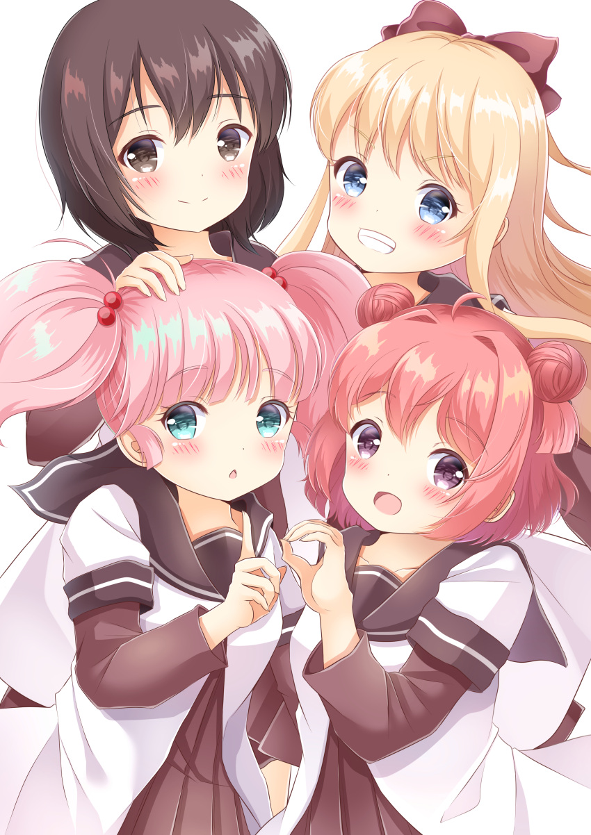 4girls :d absurdres ahoge akaza_akari bangs blonde_hair blue_eyes blush brown_dress brown_eyes brown_hair brown_sailor_collar chestnut_mouth closed_mouth collarbone commentary_request double_bun dress eyebrows_visible_through_hair fingernails funami_yui grin hair_between_eyes hair_bobbles hair_intakes hair_ornament hand_up highres inahori index_finger_raised long_hair looking_at_viewer multiple_girls nanamori_school_uniform open_mouth parted_lips pink_hair pleated_dress sailor_collar sailor_dress school_uniform side_bun simple_background smile toshinou_kyouko twintails violet_eyes white_background white_dress yoshikawa_chinatsu yuru_yuri