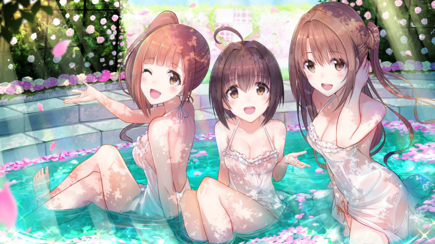 3girls :d ahoge alternate_costume bare_arms bare_legs bare_shoulders barefoot blush bow breasts brown_eyes brown_hair bush cleavage collarbone commentary_request day dress dress_lift eyebrows_visible_through_hair flower from_side garden hair_bow hair_flip half_updo halter_top halterneck idolmaster idolmaster_cinderella_girls igarashi_kyouko kohinata_miho long_hair looking_at_viewer medium_breasts multiple_girls one_eye_closed one_side_up open_mouth outdoors partially_submerged petals petals_on_liquid pink_check_school pink_flower pink_rose pool red_flower red_rose ripples rose rose_petals see-through shimamura_uzuki shiny shiny_skin short_hair side_ponytail sidelocks sitting smile sunlight u_rin wading water wet wet_clothes white_dress