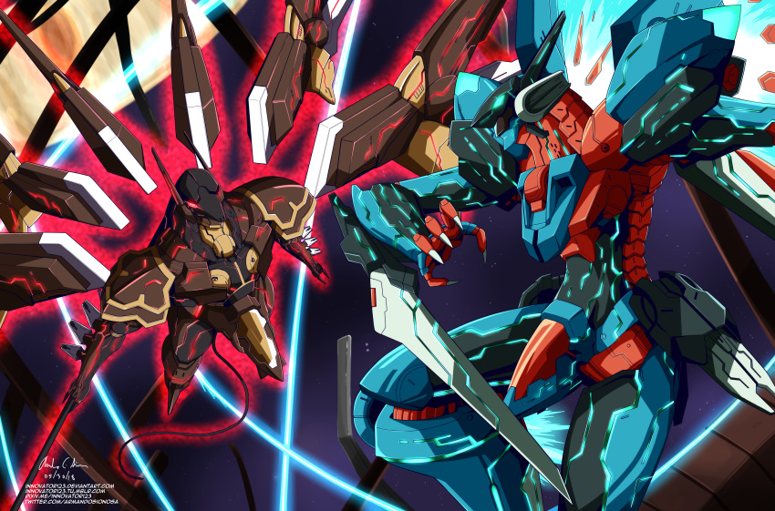 absurdres anubis_(z.o.e) arm_blade bodysuit fin_funnels funnels glowing glowing_eyes green_eyes highres innovator123 jehuty lance mecha mechanical_wings neon_trim no_humans orbital_frame polearm power_connection red_eyes robot_ears space spear staff tail weapon wings zone_of_the_enders zone_of_the_enders_2