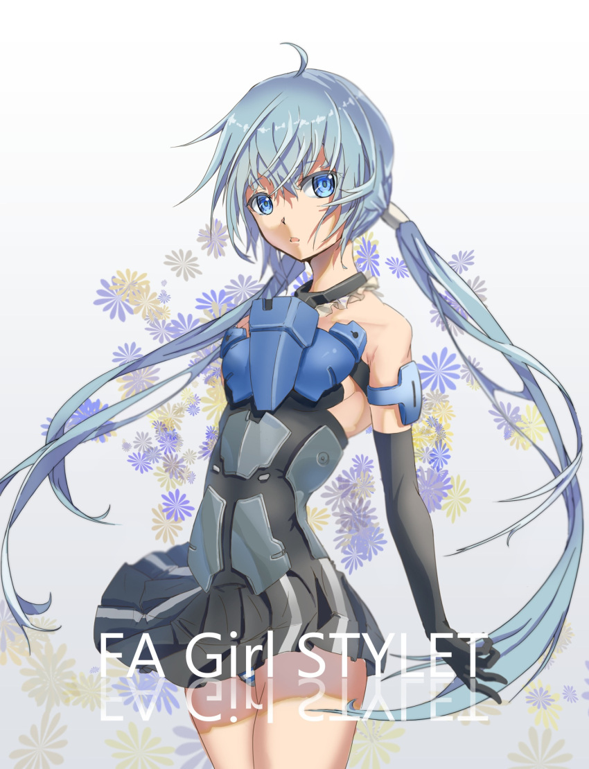 1girl black_gloves blue_eyes blue_hair collarbone copyright_request elbow_gloves eyebrows_visible_through_hair floral_print frame_arms_girl gloves hair_between_eyes highres long_hair mecha_musume misenouchi panties solo striped striped_panties stylet thigh-highs twintails underwear very_long_hair wind wind_lift