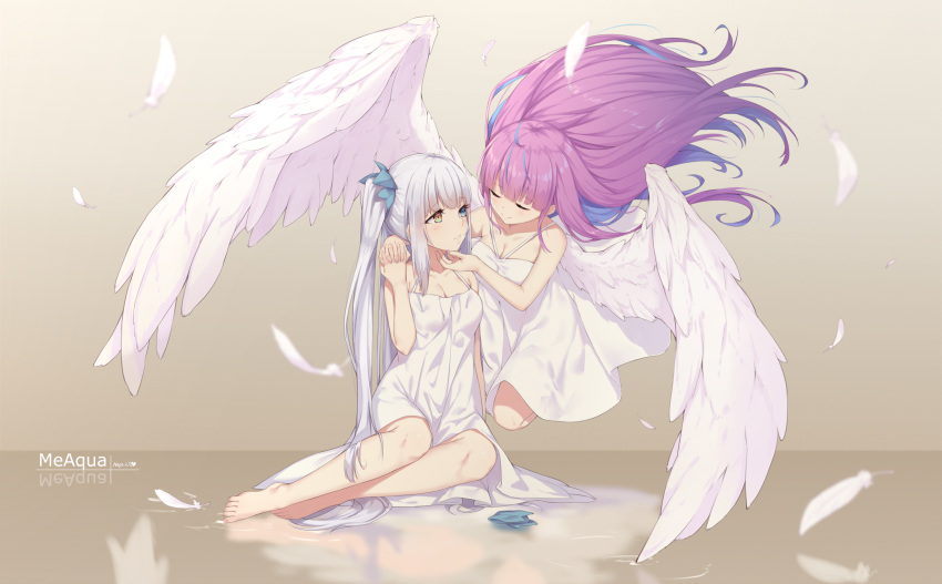 2girls artist_name bangs bare_arms bare_shoulders barefoot blue_eyes blue_hair breasts brown_eyes cleavage collarbone commentary_request crossover dress eyebrows_visible_through_hair feathered_wings feathers hand_holding heterochromia highres hololive interlocked_fingers kagura_mea kagura_mea_channel long_hair medium_breasts minato_aqua multicolored_hair multiple_girls neps-l purple_hair reflection signature silver_hair sitting sleeveless sleeveless_dress two-tone_hair very_long_hair virtual_youtuber white_dress white_feathers white_wings wings yokozuwari