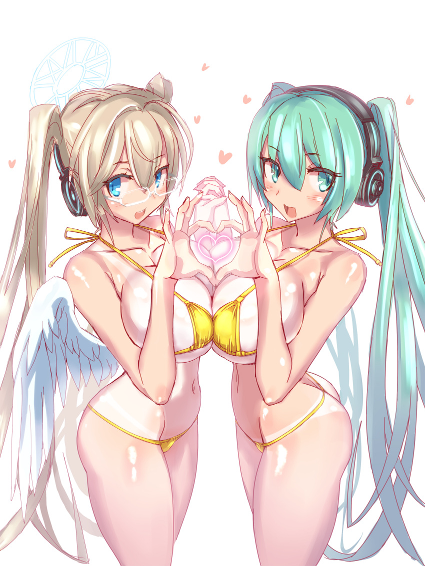 2girls absurdres ass bikini blonde_hair blue_eyes breast_press breasts emil_chronicle_online glasses green_eyes green_hair hair_between_eyes hatsune_miku headphones heart heart_hands heart_hands_duo highres huge_breasts long_hair micro_bikini multiple_girls navel serizawa_(knight2020) swimsuit symmetrical_docking twintails very_long_hair vocaloid white_background wings