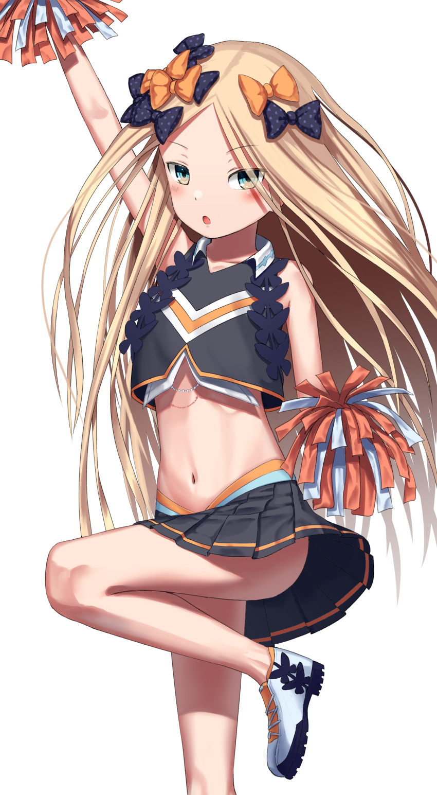 1girl :o abigail_williams_(fate/grand_order) absurdres arm_up ass bangs black_bow black_shirt black_skirt blonde_hair blue_eyes blush bow cheerleader collared_shirt commentary_request eyebrows_visible_through_hair fate/grand_order fate_(series) forehead hair_bow highres holding long_hair looking_at_viewer midriff navel orange_bow parted_bangs parted_lips pleated_skirt polka_dot polka_dot_bow pom_poms sanbe_futoshi shirt shoes simple_background skirt sleeveless sleeveless_shirt solo standing standing_on_one_leg very_long_hair white_background white_footwear