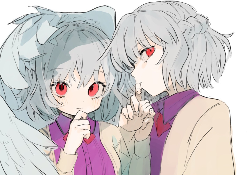 2girls bangs beige_jacket blush bow bowtie braid commentary_request dress dual_persona eyebrows_visible_through_hair feathered_wings french_braid gotoh510 grey_wings hair_between_eyes hand_on_own_chin hands_up jacket kishin_sagume long_sleeves looking_at_viewer multiple_girls profile purple_dress red_bow red_eyes red_neckwear short_hair silver_hair simple_background single_wing smile touhou upper_body white_background wings