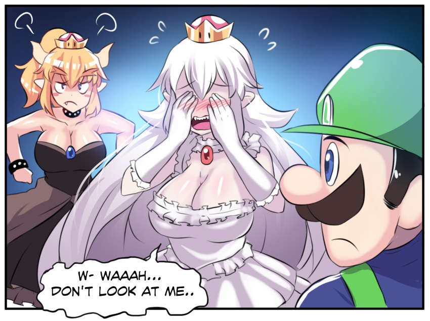 1boy 2girls black_dress blue_eyes blush bowsette breasts collar covering_face crown door dress earrings english facial_hair green_hat hat highres hinghoi horns jewelry large_breasts long_hair luigi luigi's_mansion super_mario_bros. multiple_girls mustache new_super_mario_bros._u_deluxe nintendo open_door open_mouth princess_king_boo sharp_teeth speech_bubble super_crown teeth thick_eyebrows white_dress