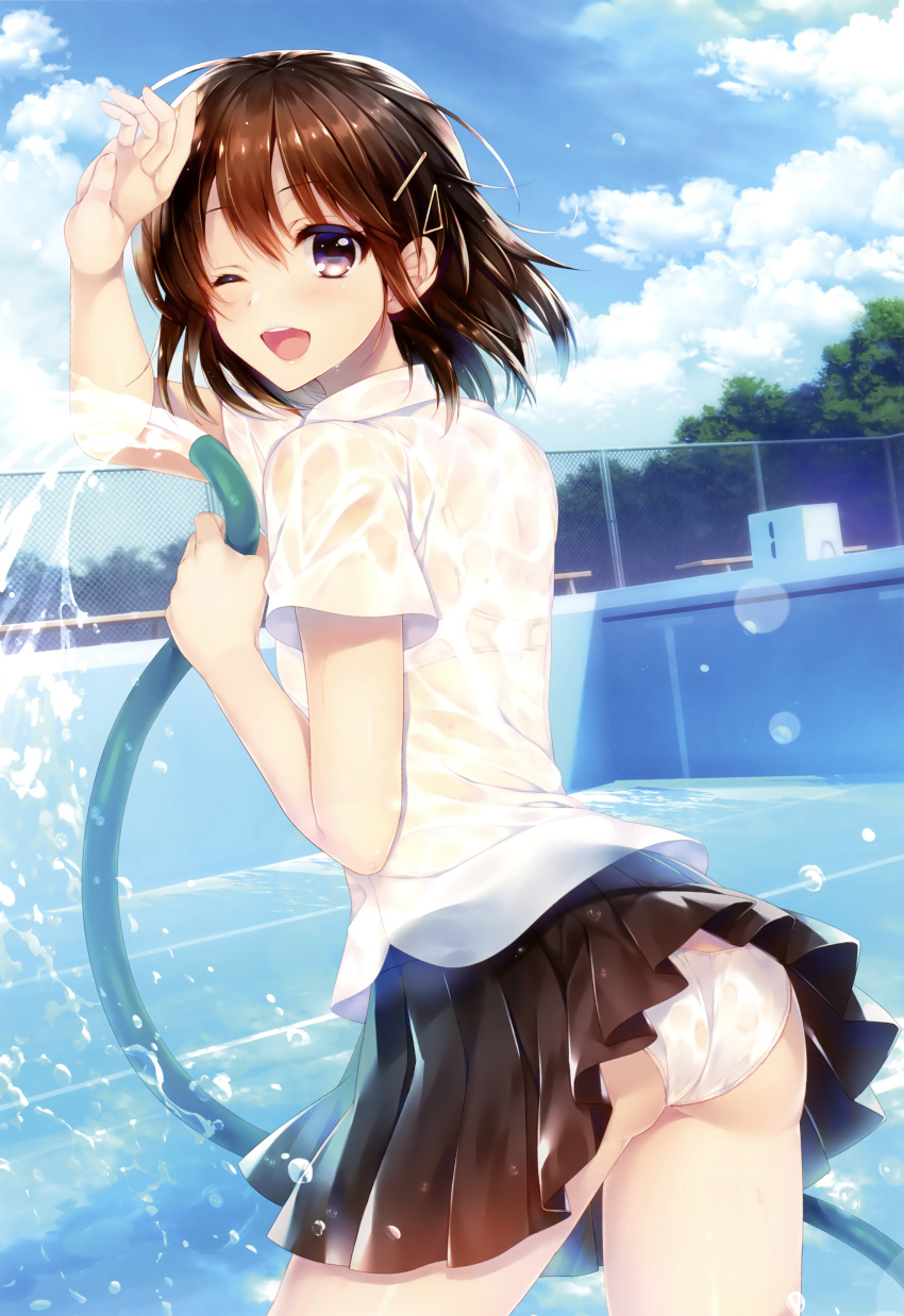 1girl :d absurdres alpha_(yukai_na_nakamatachi) arm_up ass black_skirt blue_sky brown_eyes brown_hair clouds cowboy_shot day empty_pool floating_hair hair_between_eyes hair_ornament highres lens_flare looking_at_viewer looking_back miniskirt open_mouth original outdoors panties pleated_skirt shiny shiny_hair shirt short_hair short_sleeves skirt sky smile solo standing underwear water wet wet_clothes wet_shirt white_panties white_shirt