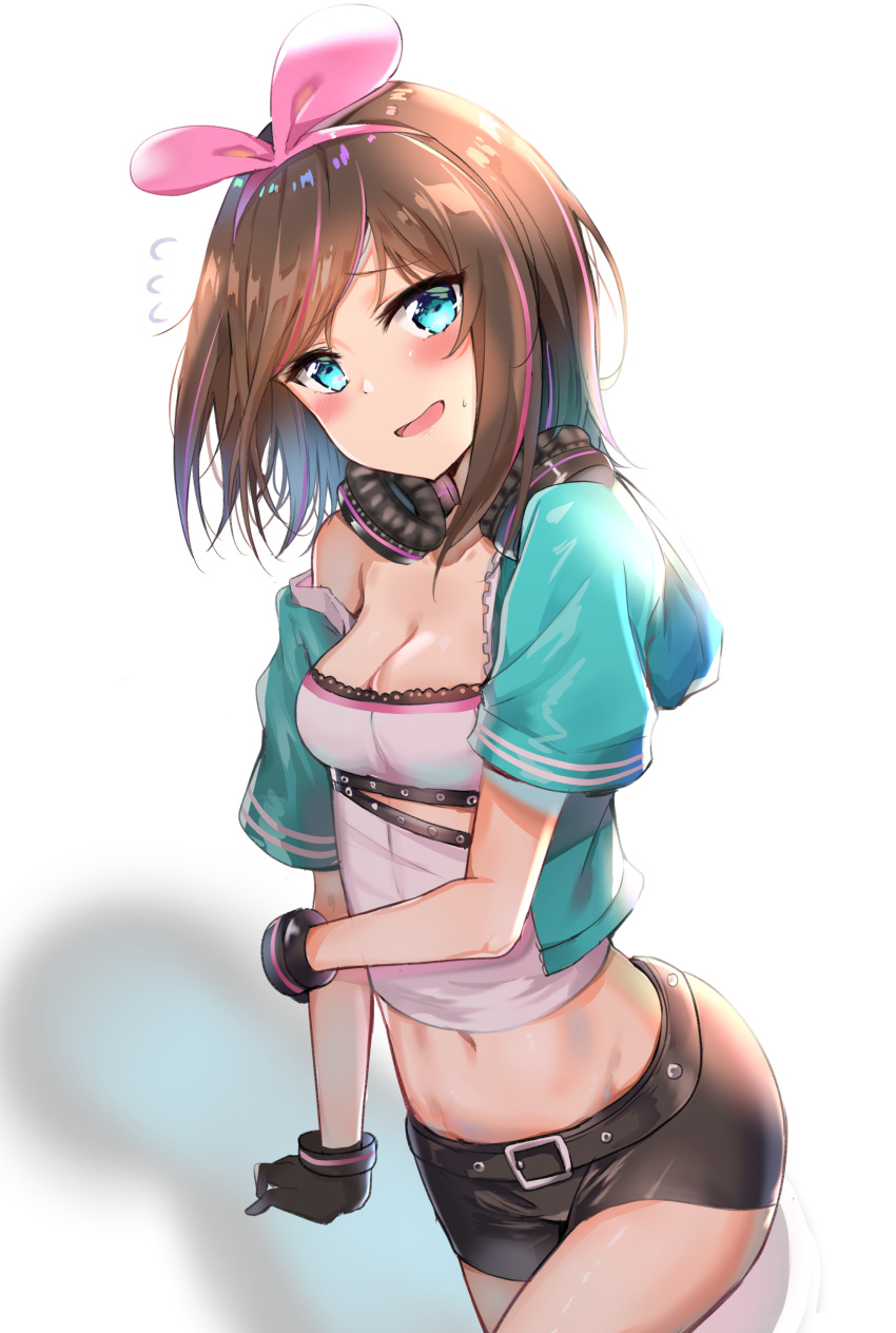 1girl a.i._channel absurdres bangs bike_shorts black_gloves black_shorts blue_eyes blue_jacket bow bracelet breasts brown_hair cleavage collarbone gloves hair_bow head_tilt headphones headphones_around_neck highlights highres jacket jewelry kizuna_ai long_hair looking_at_viewer medium_breasts midriff multicolored_hair navel open_clothes open_jacket open_mouth parted_bangs pink_bow shiny shiny_clothes shiny_hair shiny_skin short_shorts shorts simple_background solo standing stomach sunhyun sweatdrop virtual_youtuber white_background