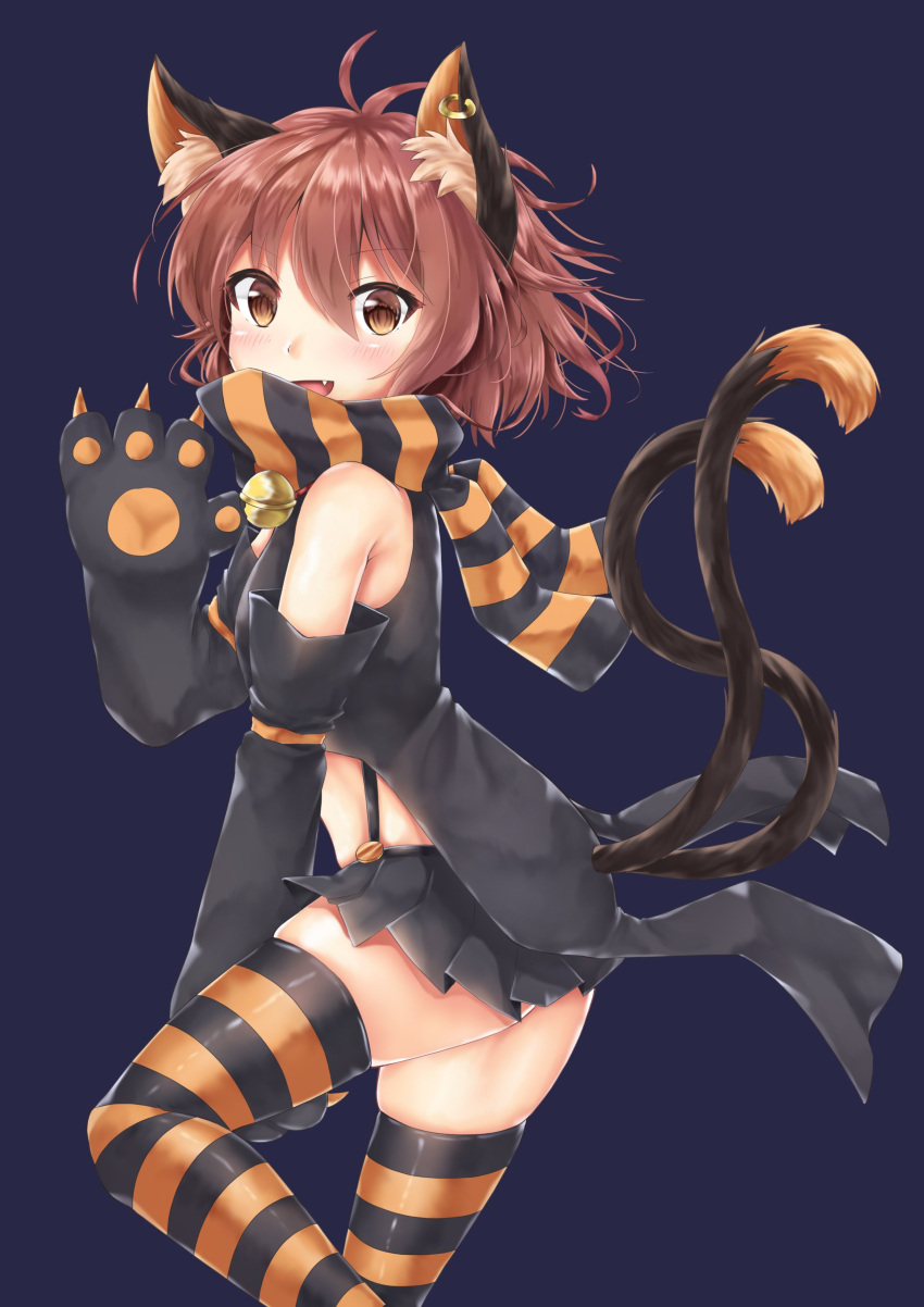 1girl :d absurdres akiteru98 alternate_costume animal_ear_fluff animal_ears antenna_hair ass bangs bare_shoulders bell black_gloves black_legwear black_scarf black_skirt blue_background blush breasts brown_eyes brown_hair cat_ears cat_tail chen commentary_request earrings elbow_gloves eyebrows_visible_through_hair feet_out_of_frame gloves hair_between_eyes hand_up highres jewelry jingle_bell looking_at_viewer miniskirt multiple_tails nekomata no_hat no_headwear open_mouth orange_legwear orange_scarf paw_gloves paws pleated_skirt scarf shiny shiny_skin short_hair simple_background skindentation skirt sleeveless small_breasts smile solo standing striped striped_legwear striped_scarf suspenders tail thigh-highs thighs touhou two_tails vertical-striped_scarf zettai_ryouiki
