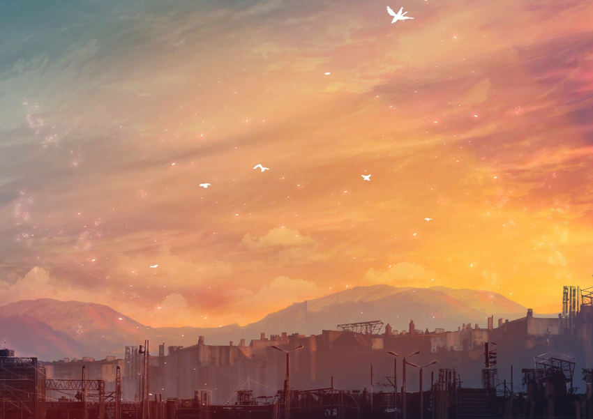 bird clouds dorayaki_d highres lamppost machinery mountain mountainous_horizon no_humans original scenery sky skyline structure sunset town