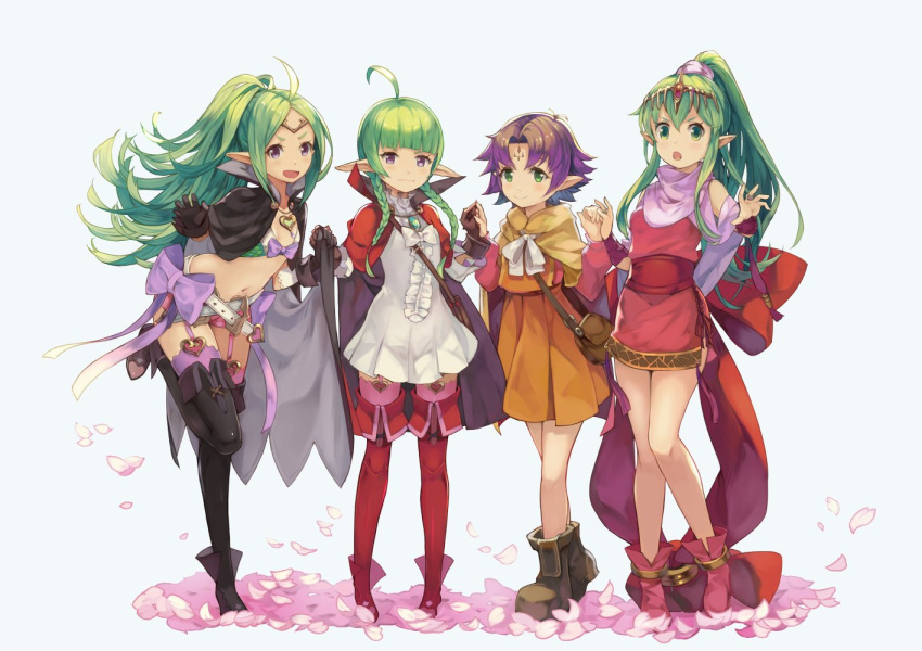 4girls ahoge boots braid chiki cloak coat dragon_girl dress fa fire_emblem fire_emblem:_ankoku_ryuu_to_hikari_no_tsurugi fire_emblem:_fuuin_no_tsurugi fire_emblem:_kakusei fire_emblem:_mystery_of_the_emblem fire_emblem:_shin_ankoku_ryuu_to_hikari_no_tsurugi fire_emblem:_shin_monshou_no_nazo green_eyes green_hair jewelry kurosawa_tetsu long_hair looking_at_viewer matching_hair/eyes multiple_girls necklace nintendo nn_(fire_emblem) nowi_(fire_emblem) pink_hair pointy_ears ponytail purple_hair short_hair smile standing thigh-highs twin_braids violet_eyes