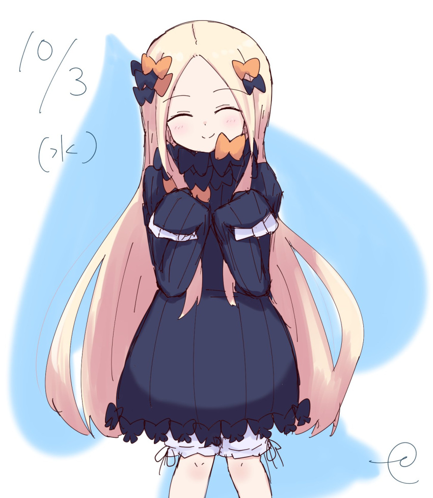1girl ^_^ abigail_williams_(fate/grand_order) bangs black_bow black_dress black_hat blonde_hair bloomers blush bow bug butterfly closed_eyes closed_eyes closed_mouth commentary_request dated dress facing_viewer fate/grand_order fate_(series) hair_bow hands_up hat highres insect kujou_karasuma long_hair long_sleeves orange_bow parted_bangs polka_dot polka_dot_bow signature sketch sleeves_past_fingers sleeves_past_wrists smile solo standing underwear very_long_hair white_bloomers