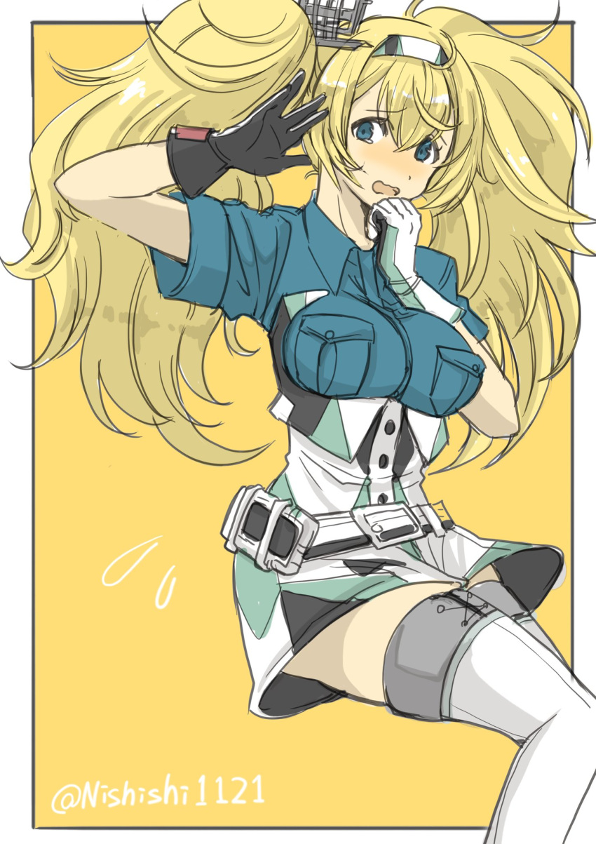 belt blonde_hair blue_eyes blue_shirt breast_pocket breasts buttons collared_shirt commentary_request crying crying_with_eyes_open flying_sweatdrops gambier_bay_(kantai_collection) gloves hair_between_eyes hairband highres kantai_collection large_breasts multicolored multicolored_clothes multicolored_gloves nishishi1121 pocket shirt short_sleeves shorts simple_background tearing_up tears thigh-highs twintails twitter_username white_legwear
