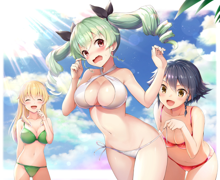 3girls :d ^_^ anchovy assisted_exposure bikini black_hair blonde_hair blue_sky blush braid breasts brown_eyes carpaccio chacharan cleavage closed_eyes closed_eyes commentary_request cowboy_shot criss-cross_halter day drill_hair embarrassed eyebrows_visible_through_hair girls_und_panzer green_bikini green_hair halterneck hand_to_own_mouth large_breasts lens_flare light_rays medium_breasts multiple_girls navel open_mouth outdoors pepperoni_(girls_und_panzer) red_bikini red_eyes short_hair side-tie_bikini side_braid sky smile sunbeam sunlight sweatdrop swimsuit twin_drills twintails untied_bikini_bottom untying wavy_mouth white_bikini