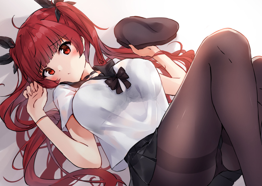 1girl azur_lane beret black_bra black_choker black_hat black_legwear black_ribbon black_skirt blouse blush bra breasts choker closed_mouth collared_blouse eyebrows_visible_through_hair hair_ribbon hat hat_removed headwear_removed honolulu_(azur_lane) large_breasts looking_at_viewer lying minikon panties panties_under_pantyhose pantyhose red_eyes redhead ribbon school_uniform short_sleeves skirt thighband_pantyhose twintails underwear white_blouse