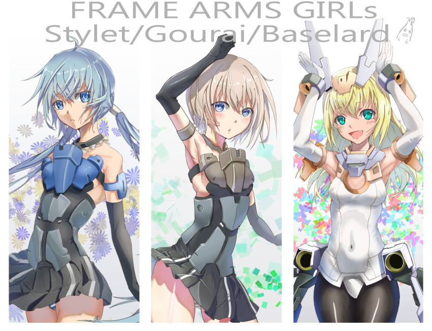 3girls arm_above_head ass_visible_through_thighs black_gloves blonde_hair blue_eyes blue_hair blush bodysuit breasts brown_hair bunny_pose cleavage covered_nipples elbow_gloves frame_arms_girl gloves green_eyes highres letterboxed long_hair looking_at_viewer low_twintails mecha_musume medium_breasts misenouchi multiple_girls open_mouth panties pantyhose pantyshot pantyshot_(standing) short_hair smile standing thighs twintails underwear