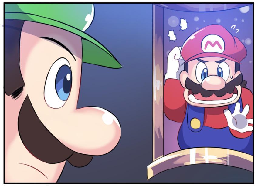 2boys blue_eyes blue_overalls comic facial_hair flying_sweatdrops gloves green_hat hat highres hinghoi luigi luigi's_mansion mario super_mario_bros. multiple_boys mustache nintendo open_mouth painting_(object) red_hat red_shirt shirt white_gloves