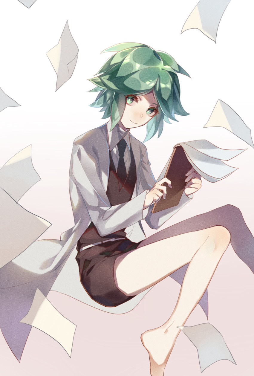 1other androgynous barefoot clipboard gem_uniform_(houseki_no_kuni) green_eyes green_hair highres houseki_no_kuni labcoat looking_at_viewer necktie paper phosphophyllite short_hair smile solo