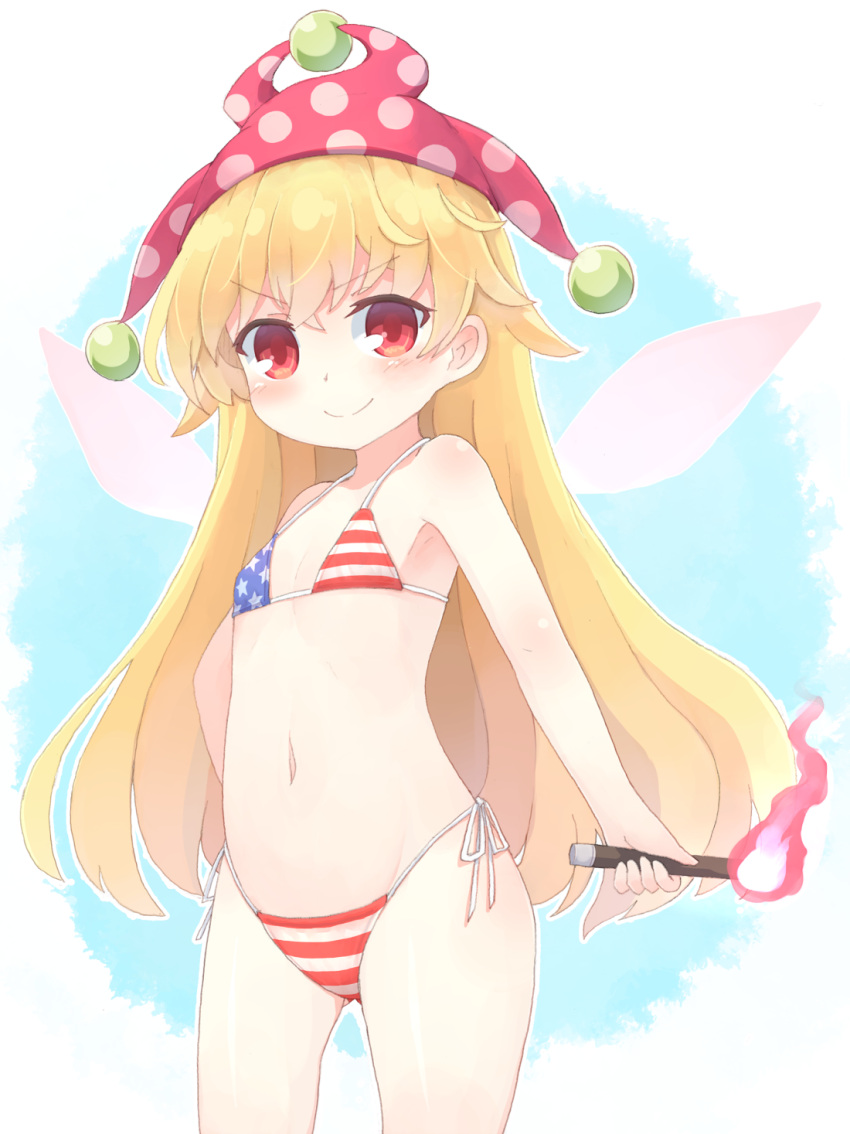 &gt;:) 1girl american_flag_bikini bangs bare_arms bare_shoulders bikini blonde_hair blue_background blue_bikini blush clownpiece commentary_request cowboy_shot eyebrows_visible_through_hair fairy_wings flag_print flat_chest groin hair_between_eyes hat highres holding holding_torch jester_cap kibisake long_hair looking_at_viewer navel pink_hat polka_dot_hat red_bikini red_eyes shiny shiny_skin side-tie_bikini smile solo standing star star_print stomach striped striped_bikini swimsuit thighs torch touhou two-tone_background v-shaped_eyebrows very_long_hair white_background white_bikini wings