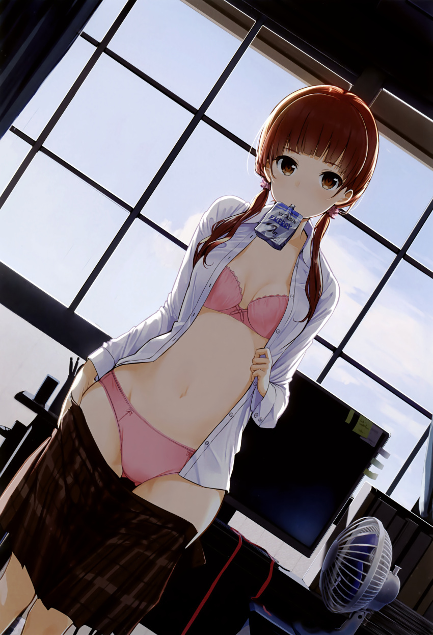 1girl absurdres bangs blunt_bangs bra breasts brown_eyes brown_hair brown_skirt cleavage dress_shirt dutch_angle groin highres indoors long_hair looking_at_viewer low_twintails max_melon midriff miniskirt mouth_hold navel open_clothes open_shirt original pink_bra pleated_skirt shirt skirt skirt_pull small_breasts solo standing stomach thigh_gap twintails underwear undressing white_shirt